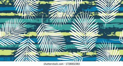 Summer Tropical pattern, palm leaves seamless vector floral background. Exotic plant on blue stripes illustration, jungle print. Leaves of palm tree on paint lines. ink brush strokes