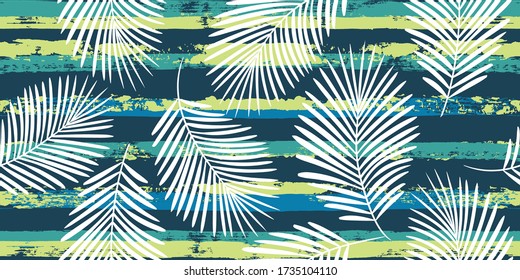 Summer Tropical pattern, palm leaves seamless vector floral background. Exotic plant on blue stripes illustration, jungle print. Leaves of palm tree on paint lines. ink brush strokes