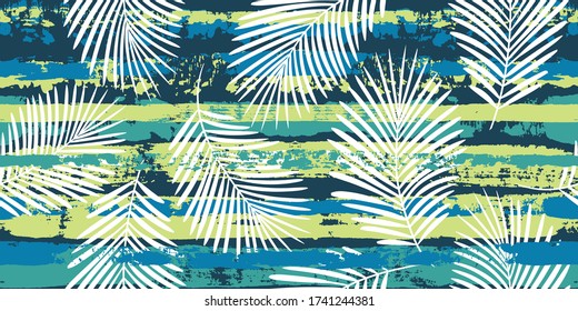 Summer Tropical pattern, palm leaves seamless vector floral background. Exotic plant on blue stripes illustration, jungle print. Leaves of palm tree on paint lines. ink brush strokes