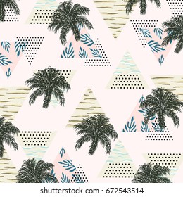 Summer tropical pattern with palm leaves and textured triangles.Geometric,abstract,vintage background with halftone effect.For textile,texture,prints,wallpaper,decor design.Vector illustration.