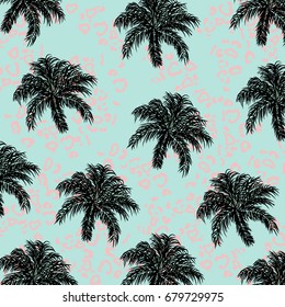 Summer tropical pattern with palm leaves and leopard print.Abstract,vintage,pop art,80's 90's style pattern background.For textile,texture,prints,wallpaper,t-shirt design.Vector illustration.