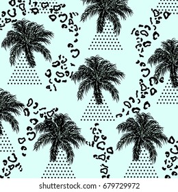 Summer tropical pattern with palm leaves,leopard print and halftone triangles.Geometric,abstract,vintage,pop art background.For textile,texture,prints,wallpaper,t-shirt design.Vector illustration.