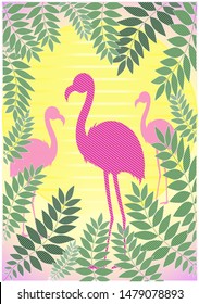 summer tropical pattern. the picture shows flamingos, sunset, leaves of plants