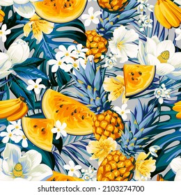 Summer tropical pattern with pineapple fruit and slices of yellow watermelon