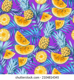 Summer tropical pattern with pineapple fruit and slices of yellow watermelon