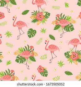 Summer tropical pattern pink flamingo bird tropical flowers palm leaves background Pink summer pattern vector