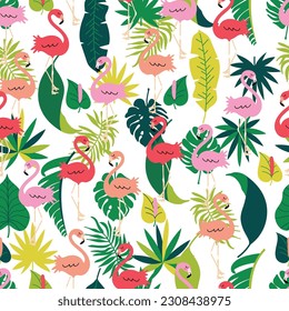 Summer tropical pattern with pink flamingos and green exotic plants. Coloeful seamless vector illustration.