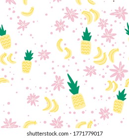 Summer tropical pattern. Vector illustration with pineapples, coconuts, bananas and flowers. Simple flat graphics. For backgrounds, packaging, textile and various other designs.