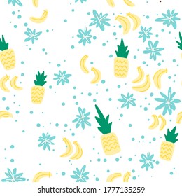 Summer tropical pattern. Vector illustration with pineapples, coconuts, bananas and flowers. Simple flat graphics. For backgrounds, packaging, textile and various other designs. Vector image, clipart.