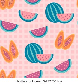 Summer tropical pattern with watermelon and papaya on mosaics background