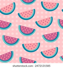 Summer tropical pattern with watermelon slices in pink shades on polka dot background