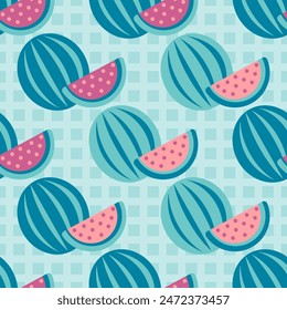Summer tropical pattern with watermelon and its slices in blue and pink shades on mosaics background