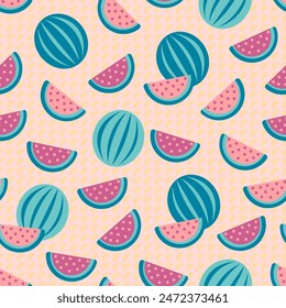 Summer tropical pattern with watermelon and its slices in blue and pink shades on dotted background