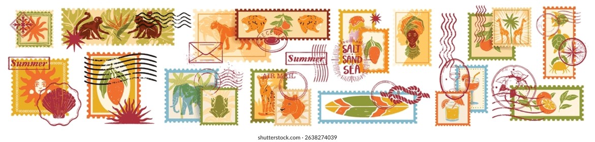 Summer tropical postal stamp set exotic travel mail postage print, jungle animal silhouette postcard. Vacation design element, vintage ink seal, retro paradise tourism sticker. Summer stamp emblem