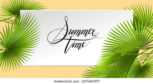 Summer tropical postcard template. Frame with Palm leaves . Hand drawn illustration. Perfect for prints, posters, invitations, packing etc