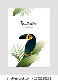 Summer tropical postcard with toucan and palm leaves, white background. Vector illustration in colorful style.