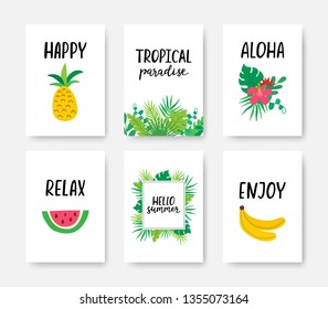 Summer tropical poster A4 set with hand drawn lettering. Summer vacation banner. Creative tropical design for web or advertisement. Vector illustration.