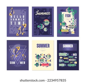 Summer Tropical Poster with Flat Exotic Fish and Blue Underwater Life Vector Set