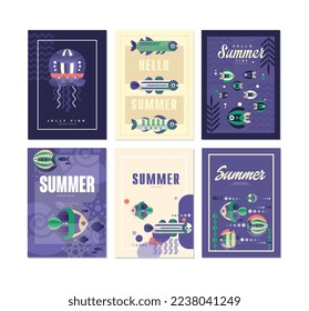Summer Tropical Poster with Flat Exotic Fish and Blue Underwater Life Vector Set