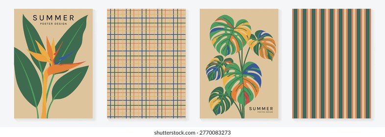 Summer tropical poster and pattern vector set with bird of paradise flower, monstera leaves, plaid and striped backgrounds. Colorful retro collection for wallpaper, fabric, packaging and digital paper.