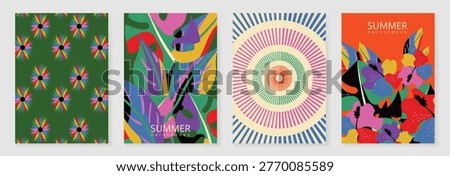 Summer tropical poster and pattern vector set with abstract flowers, floral background, sunburst circle and colorful botanical design. Bright retro collection for wallpaper, fabric, packaging and digital paper.