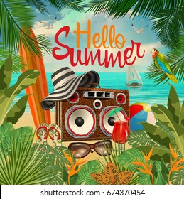 Summer tropical poster with tropical plants,tape recorder,surfboard,