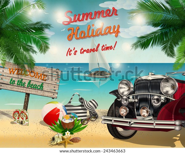 Summer tropical poster with retro car and \
summer elements