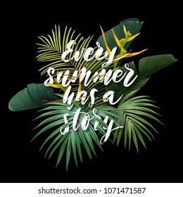 Summer tropical poster with sabal and banana palm leaves, exotic strelitzia flowers and handdrawn integrated inscription with 3d effect. Vector illustration.