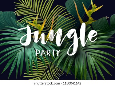 Summer tropical poster with sabal and banana palm leaves, exotic strelitzia flowers and handdrawn integrated inscription. Vector illustration.