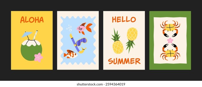 Summer tropical poster set – coconut drink, snorkeling, pineapple, crab. Retro beach aesthetic, vacation wall art, ocean life, Hawaii vibes. Minimalist flat illustrations for travel decor.