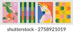 Summer tropical poster set vector. Retro botanical leaves, white cockatoo wall art and geometric abstract patterns in pink, coral, orange and green for home decor prints and tropical backgrounds.