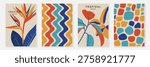 Summer tropical poster set vector. Midcentury modern botanical leaves, bird of paradise flower, geometric circle pattern and striped abstract cover in yellow, blue, orange, green and brown for wall art.