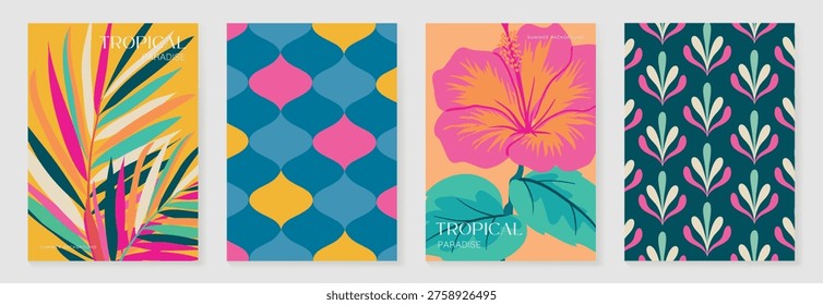 Summer tropical poster set vector. Retro botanical leaf and hibiscus wall art with geometric abstract pattern in yellow, teal, pink, peach and cream. Decorative background design for home decor posters and prints.