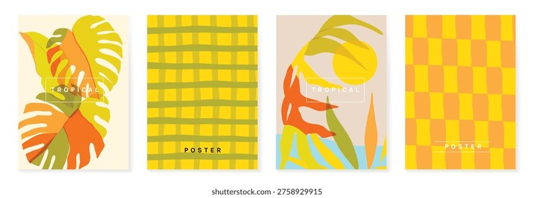 Summer tropical poster set vector. Retro botanical monstera and abstract leaf wall art with striped check geometric pattern in yellow, orange, beige, olive and light blue for home decor prints.