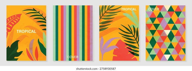 Summer tropical poster set vector. Retro botanical monstera and palm leaf wall art with abstract fan pattern and geometric checker background in coral, pink, green, cream and mustard for home decor prints.