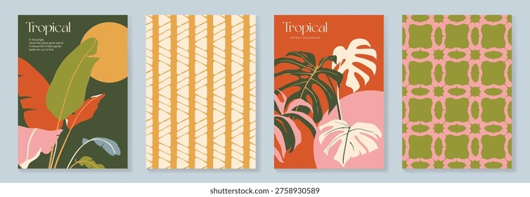 Summer tropical poster set vector. Retro botanical monstera and palm leaf wall art with abstract fan pattern and geometric checker background in coral, pink, green, cream and mustard for home decor prints.
