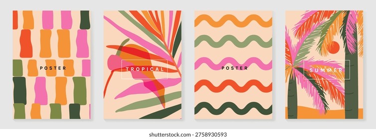 Summer tropical poster set vector. Retro botanical monstera and palm leaf wall art with abstract fan pattern and geometric checker background in coral, pink, green, cream and mustard for home decor prints.
