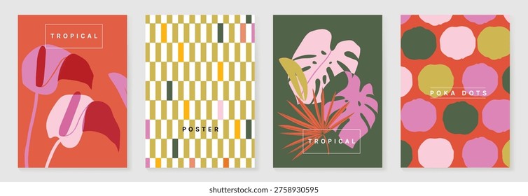 Summer tropical poster set vector. Retro botanical monstera and palm leaf wall art with abstract fan pattern and geometric checker background in coral, pink, green, cream and mustard for home decor prints.