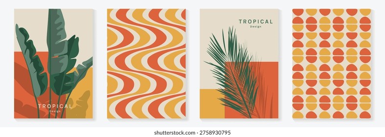 Summer tropical poster set vector. Retro botanical banana leaf and palm wall art with wavy geometric pattern in mustard, orange, coral, green and cream for home decor prints.