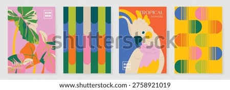 Summer tropical poster set vector. Retro botanical leaves, white cockatoo wall art and geometric abstract patterns in pink, coral, orange and green for home decor prints and tropical backgrounds.