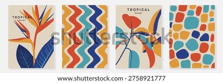 Summer tropical poster set vector. Midcentury modern botanical leaves, bird of paradise flower, geometric circle pattern and striped abstract cover in yellow, blue, orange, green and brown for wall art.