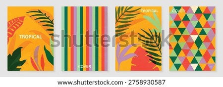 Summer tropical poster set vector. Retro botanical monstera and palm leaf wall art with abstract fan pattern and geometric checker background in coral, pink, green, cream and mustard for home decor prints.