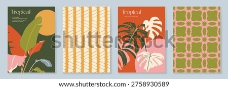 Summer tropical poster set vector. Retro botanical monstera and palm leaf wall art with abstract fan pattern and geometric checker background in coral, pink, green, cream and mustard for home decor prints.