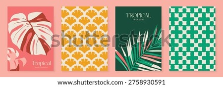 Summer tropical poster set vector. Retro botanical monstera and palm leaf wall art with abstract fan pattern and geometric checker background in coral, pink, green, cream and mustard for home decor prints.