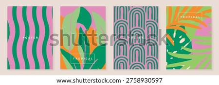 Summer tropical poster set vector. Retro botanical monstera and palm leaf wall art with abstract fan pattern and geometric checker background in coral, pink, green, cream and mustard for home decor prints.