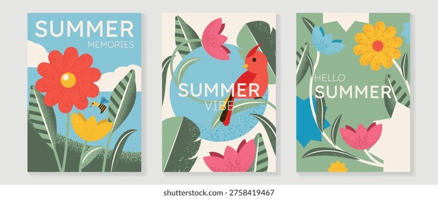 Summer tropical poster vector set with bird, hibiscus flower, calla lily, heliconia bloom, botanical leaves and exotic garden elements. Bright seasonal wall art design for poster, print, card and home decor.