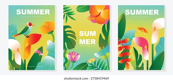 Summer tropical poster vector set with bird, hibiscus flower, calla lily, heliconia bloom, botanical leaves and exotic garden elements. Bright seasonal wall art design for poster, print, card and home decor.