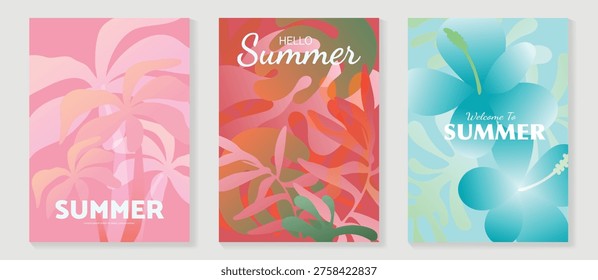 Summer tropical poster vector set with orchid flowers, hibiscus bloom, plumeria blossom, palm tree, botanical leaves and exotic garden elements. Bright seasonal wall art design for poster, print, card and home decor.