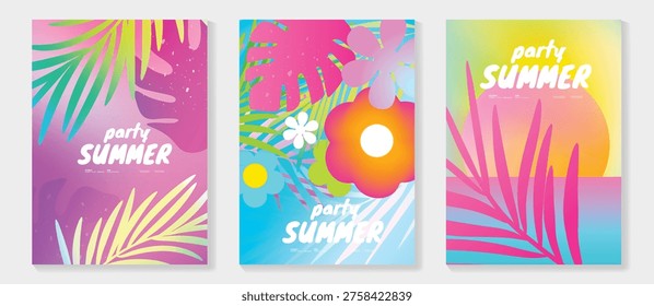 Summer tropical poster vector set with orchid flowers, hibiscus bloom, plumeria blossom, palm tree, botanical leaves and exotic garden elements. Bright seasonal wall art design for poster, print, card and home decor.