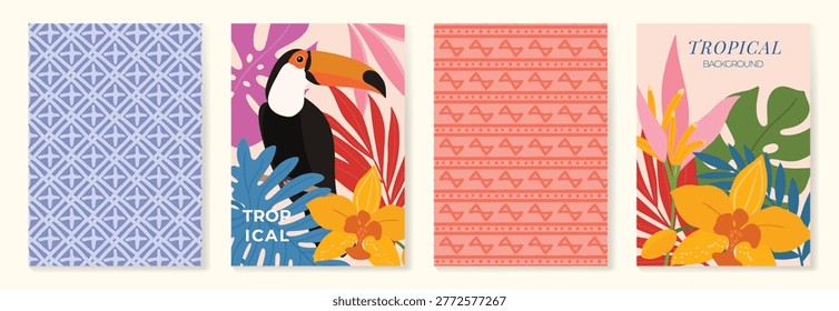 Summer tropical poster vector set. Colorful jungle leaf background with toucan bird, floral tile pattern and retro vacation design for beach party and travel.